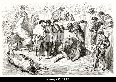 Vecchia illustrazione della corrida (pugnale abbattimento). Da Dore, publ. in Le Tour du Monde, Parigi, 1862 Foto Stock