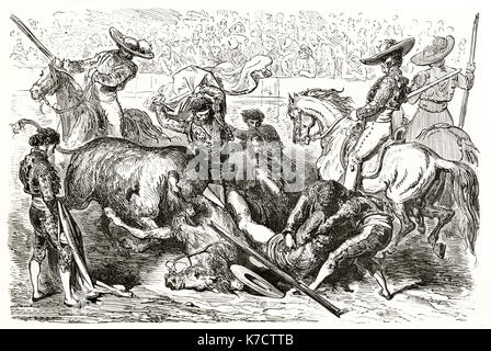 Vecchia illustrazione della corrida (tolto picador). Da Dore, publ. in Le Tour du Monde, Parigi, 1862 Foto Stock