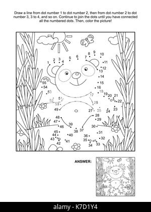Orso Panda nella foresta di bamboo collegare i puntini rompicapo e la colorazione di pagina. risposta inclusa. Illustrazione Vettoriale