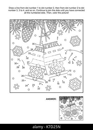 Inverno, anno nuovo o a tema natalizio collegare i puntini rompicapo e pagina di colorazione con Santa's muffole. risposta inclusa. Illustrazione Vettoriale