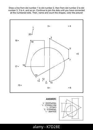 Math collegare i puntini rompicapo e colorazione pagina: unire i puntini, il nome e il conteggio delle forme, il colore dell'immagine. risposta inclusa. Illustrazione Vettoriale