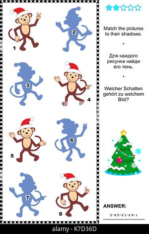 Natale o Capodanno a tema puzzle visivo: abbinare le immagini delle scimmie di natale per le loro ombre. risposta inclusa. Illustrazione Vettoriale