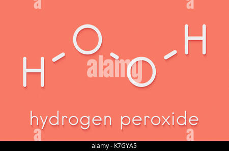Il perossido di idrogeno molecola. specie di ossigeno reattivo (ROS). usato come agente sbiancante, disinfettante, reagente chimico, ecc. formula scheletrico. Foto Stock