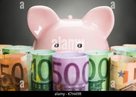 Close-up di un piggybank sulle banconote in euro con occhiali Foto Stock