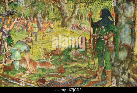 Re richard i, dissimulata come un abate, immettendo la Foresta di Sherwood, guardato da Robin Hood & il suo allegro uomini Foto Stock