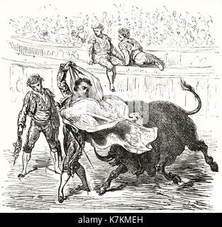 Vecchia immagine raffigurante matador El tato nell'arena, Spagna. Da Dore, publ. in Le Tour du Monde, Parigi, 1862 Foto Stock