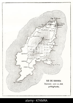 Mappa vecchia dell'isola di Rodi. Da Flandin, publ. in Le Tour du Monde, Parigi, 1862 Foto Stock