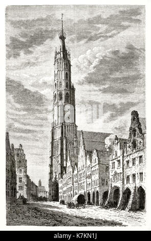 Vista antica della chiesa di San Martino, Landshut in Germania. Dal Lancelot, publ. in Le Tour du Monde, Parigi, 1862 Foto Stock