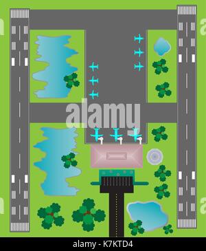 Aeroporto di layout vista superiore, parcheggio della pista di rullaggio e la costruzione di dettaglio Illustrazione Vettoriale