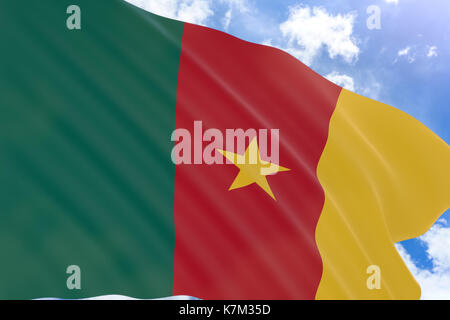 3D rendering del Camerun bandiera sventola sul cielo blu di sfondo, il Camerun è un paese in Africa centrale, giornata nazionale è una vacanza in Camerun ha celebrato o Foto Stock
