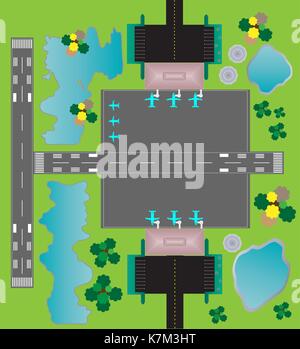 Aeroporto di layout vista superiore, parcheggio della pista di rullaggio e la costruzione di dettaglio Illustrazione Vettoriale