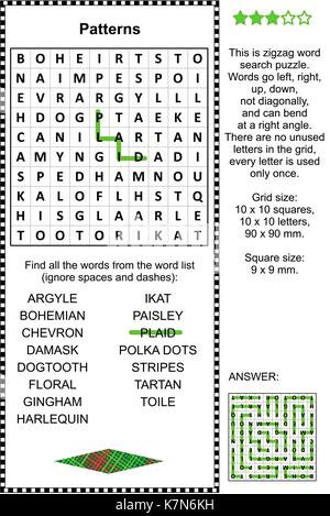 Disegni e stampe di tessuto a zig-zag a tema puzzle di ricerca di parola (adatto principalmente per gli adulti). Risposta inclusa. Illustrazione Vettoriale