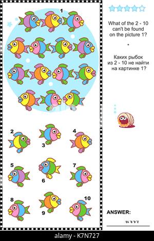 Pesci colorati visual logic puzzle: cosa del 2 - 10 non può essere trovato sull'immagine 1? Risposta inclusa. Illustrazione Vettoriale