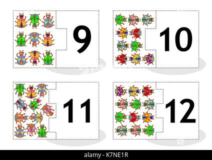 Imparare a contare 2-parte puzzle carte per tagliare e giocare, bug e coleotteri themed, numeri 9 - 12 Illustrazione Vettoriale