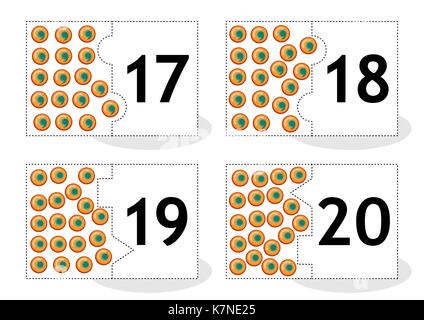 Imparare a contare 2-parte puzzle carte per tagliare e giocare, uova di Rana themed, numeri 17 - 20 Illustrazione Vettoriale