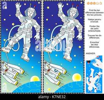 Foto puzzle: trovare le dieci differenze tra le due immagini di spazio esterno, cosmonauta o astronauta, astronave, la terra, il sole o la luna e le stelle. Illustrazione Vettoriale