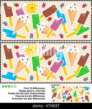 Foto puzzle: trovare le dieci differenze tra le due immagini di goloso gelato bar e coni. risposta inclusa. Illustrazione Vettoriale