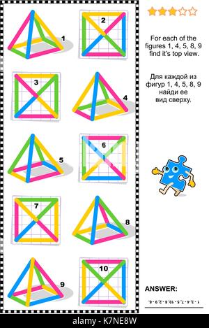 Matematica educative puzzle: trovare la vista superiore per ogni filo colorato oggetto. risposta inclusa. Illustrazione Vettoriale