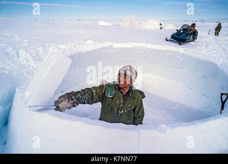 Inuit uomo anziano, metà 60s, vestito in moderno abbigliamento invernale, taglia i blocchi di ghiaccio con coltello e rivestimenti durante la costruzione tradizionale di igloo. Foto Stock