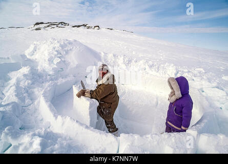 Inuit uomo anziano, metà 60s, vestito in moderno abbigliamento invernale, taglia i blocchi di ghiaccio con coltello e rivestimenti durante la costruzione tradizionale igloo. Il suo quattro-anno-vecchio nipote orologi. Foto Stock