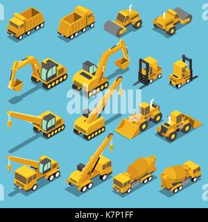 Appartamento 3D isometrica di costruzione trasporti icon set includono escavatore, gru livellatrici, betoniera carrello, rullo stradale, un carrello elevatore a forche, bulldozer Illustrazione Vettoriale