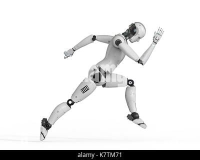 3D rendering robot umanoide in esecuzione su sfondo bianco Foto Stock