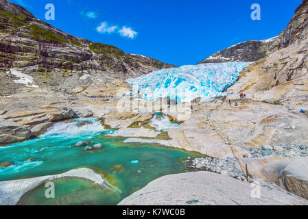 Nigardsbreen, ramo del ghiacciaio Jostedalsbreen, con gli alpinisti, Norvegia e Scandinavia Foto Stock