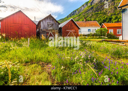 Boathouses in legno di Solvorn, Lustrafjorden, Sognefjord, Norvegia Foto Stock