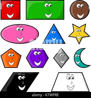 Cartoon forme geometriche con sorriso vettore icona simbolo design., Cerchio, ovale, triangolo, esagono, rettangolo, stella,cuore,rhombus bella illustrazione Illustrazione Vettoriale