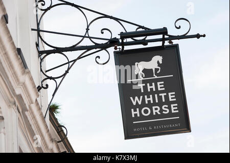 Cartello 'The White Horse' Hotel. Storrington, West Sussex, Inghilterra, Regno Unito Foto Stock