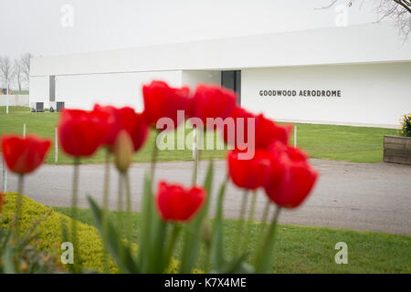 Aerodromo di Goodwood segno, West Sussex, in Inghilterra Foto Stock