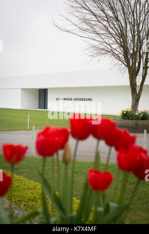 Aerodromo di Goodwood segno, West Sussex, in Inghilterra Foto Stock