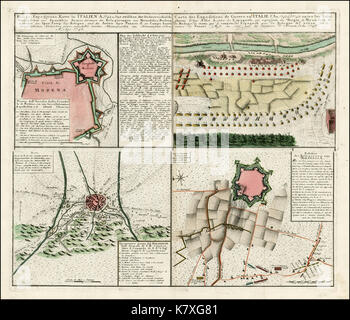 Johann Baptiste Homann (Krieg spedizione Karte in Italien Ao. 1742 ONU 1743 zwischen der Oesterreichisch Sardinischen und Spanishchen Armee, die Belagerungen von Mirandola u Modena, Bologna, Panaro (fl 1743) Foto Stock