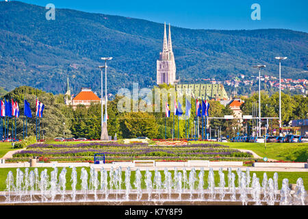 Fontane e paesaggio urbano nella città capitale di Zagabria, Croazia Foto Stock