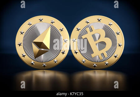 Bitcoin e ethereum - scontro di crypto currencys - 3d rendering Foto Stock