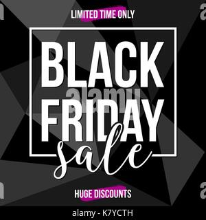 Abstract venerdì nero vendita design con testo in bianco e viola sul nero e grigio Sfondo geometrico. Poster, brochure o un biglietto di auguri templ quadrato Illustrazione Vettoriale
