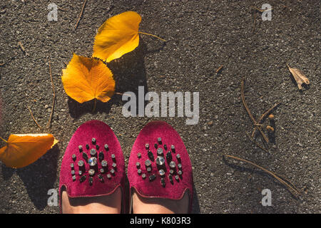 Vista superiore del velluto bordeaux scarpe con cristalli sul marciapiede con caduta di foglie di colore giallo Foto Stock