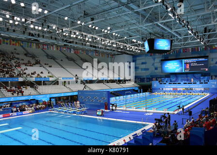 Budapest, Ungheria - Lug 14, 2017. All'interno della Duna Arena, la casa del nuoto e immersioni competizioni durante i Campionati del Mondo di nuoto FINA. Foto Stock