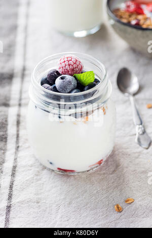 Parfait di yogurt con granola e mirtilli in un vaso. primo piano, verticale Foto Stock