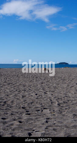 Spiaggia vuota con cielo blu e nuvole che mostrano un orizzonte lontano Foto Stock