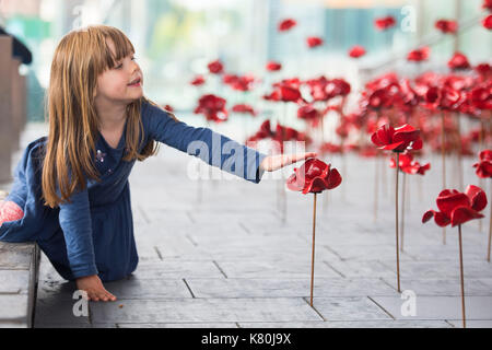 Cardiff, Galles - agosto 07: fiona phillips guarda al pianto finestra installazione che segna il centenario della prima guerra mondiale e fu svelata al Foto Stock