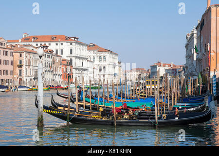 Colorato gondole attraccate al San Sofia, Cannaregio, Venezia sul Canal Grande di mattina presto la luce Foto Stock