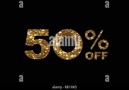 Il vettore luxury golden glitter il cinquanta percento di sconto parola testo su sfondo nero Illustrazione Vettoriale