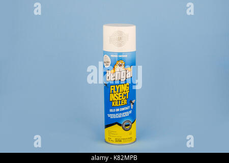 Una bomboletta spray del Bengala battenti sterminatore di insetti su uno sfondo blu. Oklahoma, Stati Uniti d'America. Foto Stock