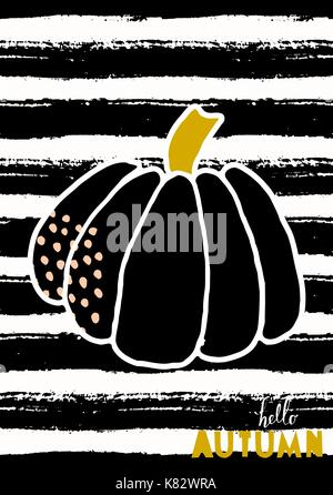 Ciao autunno greeting card design con una zucca su striped nero e sfondo bianco. Illustrazione Vettoriale