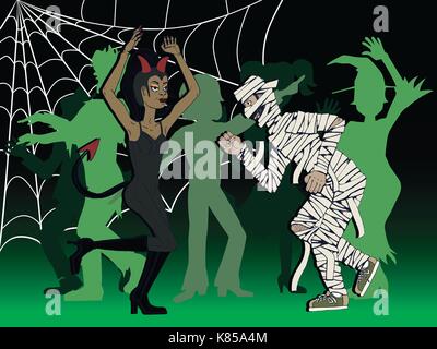 Illustrazione vettoriale di una donna mascherata come un diavolo e un uomo travestito come una mummia dancing a una festa di Halloween Illustrazione Vettoriale