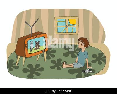Vettore disegnati a mano illustrazione di un capretto stting sul pavimento e guardare la tv Illustrazione Vettoriale