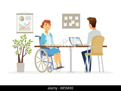 Donna disabile in ufficio - moderno cartoon caratteri persone illustrazione. una persona in sedia a rotelle parla di un giovane collega di lavoro in corrispondenza di una compressa Illustrazione Vettoriale
