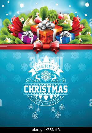 Buon Natale illustrazione con la tipografia e decorazione di ornamento su blu il simbolo del fiocco di neve la texture di sfondo vettoriale. vacanze di Natale opuscolo o poster design. Illustrazione Vettoriale