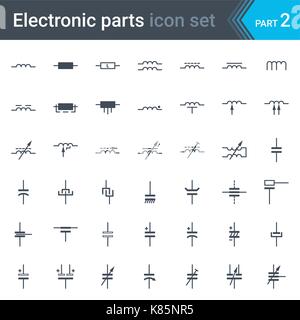 Vettore completo set di elettrico e lo schema di circuito elettronico simboli e elementi -induttori, bobine, condensatori e condensatori elettrici Illustrazione Vettoriale